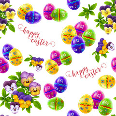 Cute Easter seamless pattern with eggs and spring flowers. Endless spring background, texture, digital paper.