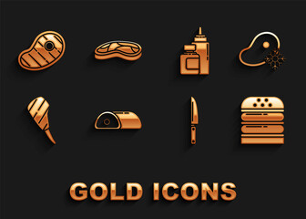 Set Meat, Fresh frozen steak meat, Burger, Knife, Rib eye, Sauce bottle, Steak and icon. Vector