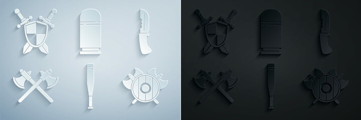 Set Baseball bat, Military knife, Crossed medieval axes, Medieval shield with crossed, Cartridges and swords icon. Vector