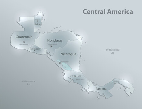 Central America map with capitals of states, design glass card 3D vector