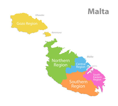 Malta regions map whit names, isolated on white background vector