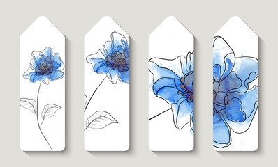 Bookmarks. Modern creative design,  background marble texture with flowers. Alcohol ink. Bookstore label or flyer.  Vector illustration.