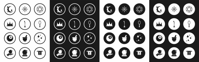 Set Star of David, Witches broom, Crown, Moon and stars, Magic hand mirror, Spider web, Sparkle with magical glitter and ball predictions icon. Vector