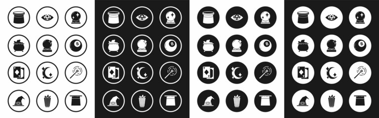 Set Magic ball, Witch cauldron, Magician hat, of predictions, Pentagram, wand and Playing cards icon. Vector