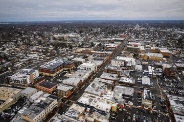 Fototapeta na wymiar Aerial Drone of Snow in Red Bank New Jersey 