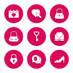 Set Key in heart shape, 8 March speech bubble, Woman shoe, Online dating app and chat, Castle the of, Handbag, and Calendar with icon. Vector