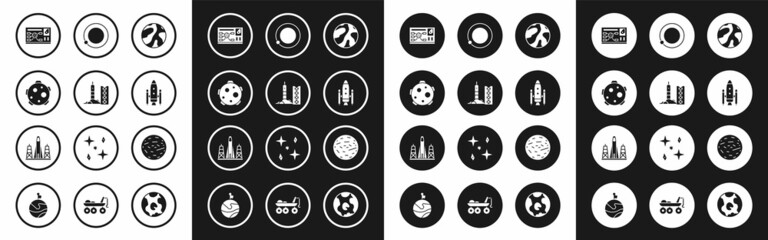 Set Planet, Rocket launch from the spaceport, Futuristic hud interface, Space shuttle and rockets, Satellites orbiting planet Earth, Venus and icon. Vector