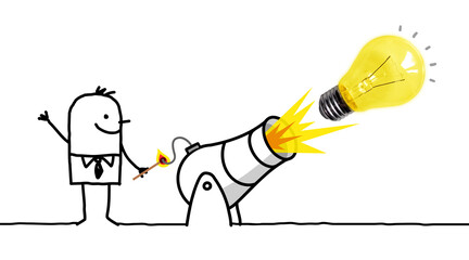 Cartoon Man with a Cannon and a big light bulb