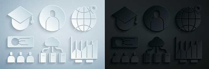 Set Cloud or online library, Location the globe, Training, presentation, Pie chart infographic, Create account screen and Graduation cap icon. Vector