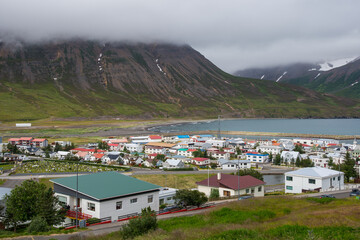 Obraz premium View over town of Olafsfjordur in Iceland