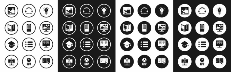 Set Light bulb with concept of idea, Mobile phone, Open book, Online education, Headphones, monitor and Graduation cap globe icon. Vector