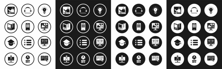 Fototapeta premium Set Light bulb with concept of idea, Mobile phone, Open book, Online education, Headphones, monitor and Graduation cap globe icon. Vector