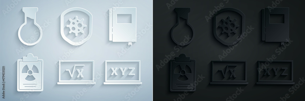 Poster set square root of x glyph, book, radiation warning document, xyz coordinate system, shield protecti