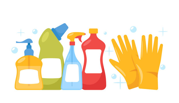 Detergent Bottles and Rubber Gloves for Cleaning and Washing Housekeeping Works. Janitor Service Equipment, Maid Tools