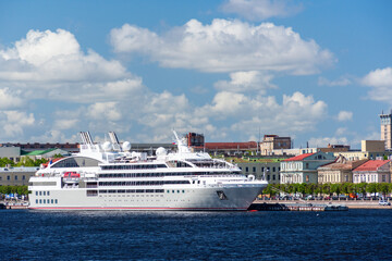 White motor ship on the Neva river in the city of St. Petersburg..