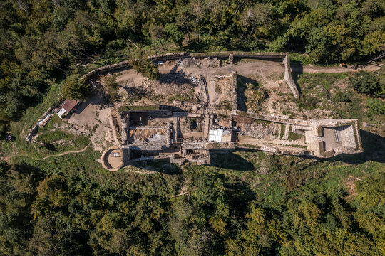 Aerial top down ground plan view of Reviste medieval Gothic castle near Bzenica Slovakia above the Hron river