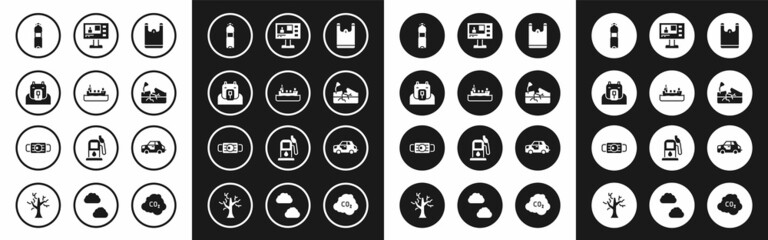 Fototapeta premium Set Plastic bag, Oil tanker ship, Polar bear head, Bottle of water, Earthquake, Television report, Car and Medical protective mask icon. Vector