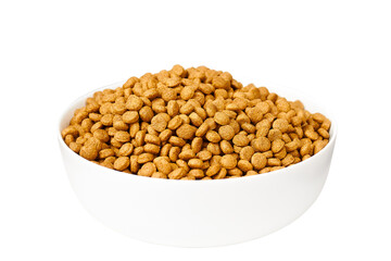 Dog food Big white bowl with kibble isolated on white