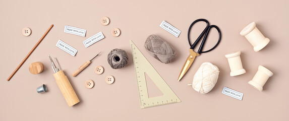 Sewing supplies and accessories for needlework. Craft hobby background. Recomforting, destressing hobby
