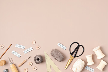 Sewing supplies and accessories for needlework. Craft hobby background. Recomforting, destressing hobby