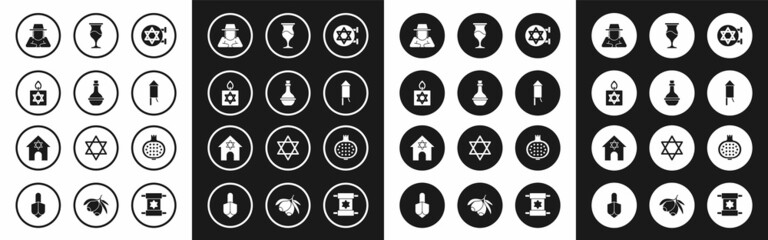 Set Jewish synagogue, wine bottle, Burning candle, Orthodox jewish hat, Firework rocket, goblet, Pomegranate and icon. Vector