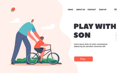 Dad Play with Son Landing Page Template. Parenting, Fatherhood Concept. Caring Dad Teaching Son to Ride Bike