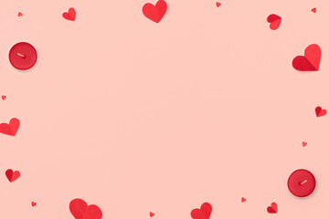 Valentines Day and Mother Day background. Red hearts on pink background.