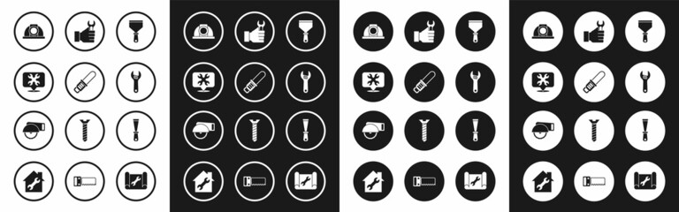 Set Putty knife, Chainsaw, Location with wrench, Worker safety helmet, Adjustable, Wrench spanner, and Electric circular icon. Vector