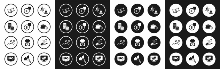 Set Currency exchange, Financial growth and bitcoin, Coin money with dollar, Stacks paper cash, Wallet coins, euro, Hand holding and Percent up arrow icon. Vector