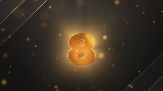 An animated 3D gold countdown with numbers from 10 to 1 with floating particles and golden bokeh.