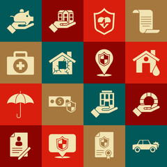 Set Car, Lifebuoy in hand, House flood, insurance with shield, First aid kit, Piggy bank and Location icon. Vector