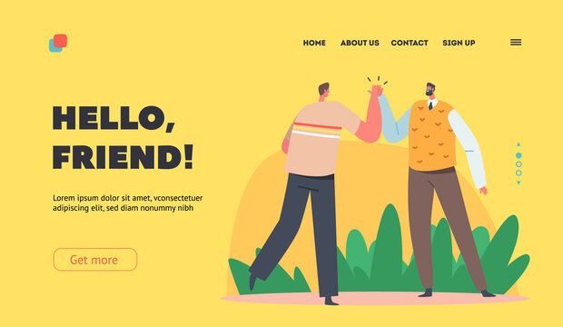 Hello Friend Landing Page Template. Human Greetings, Bonding Relations, Connection, Male Characters Take High Five