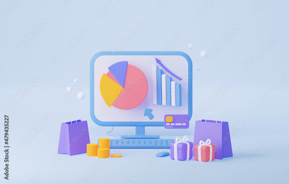 Poster the concept of business analytics in the sale of goods. analysis of growth charts on a computer. 3d 