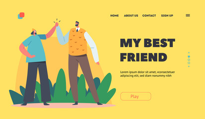 Best Friends Landing Page Template. Male and Female Characters Informal Greetings, Happy People Giving High Five