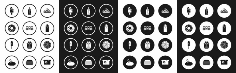 Fototapeta premium Set Asian noodles in bowl, Sushi on cutting board, Donut, Ice cream, Doner kebab, Sauce bottle, Pizza and icon. Vector