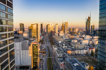 Warsaw skyscrapers in the city center before sunset
