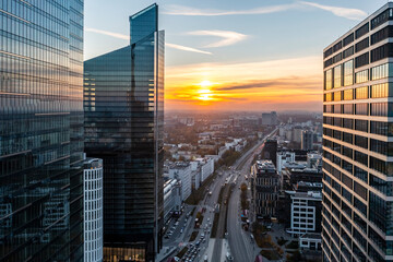 Warsaw skyscrapers in the city center before sunset