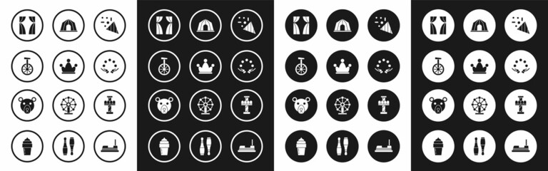 Set Festive confetti, Jester hat with bells, Unicycle or one wheel bicycle, Circus curtain raises, Juggling ball, tent, Attraction carousel and Bear head icon. Vector © Oksana