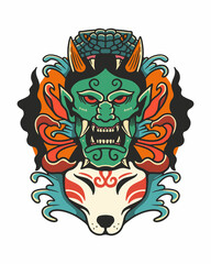 japanese demon mask and kitsune mask hand drawn illustration