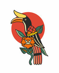 hornbill and flower hand drawn illustration © coretancreative