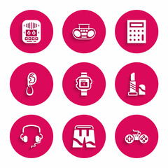 Set Wrist watch, Short or pants, Gamepad, Lipstick, Headphones, Ear with earring, Calculator and Cassette tape player icon. Vector