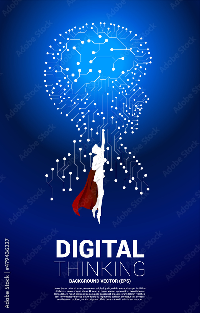 Poster silhouette of superhero flying with man head from dot connect line circuit board style with processor . Concept background human future and technology