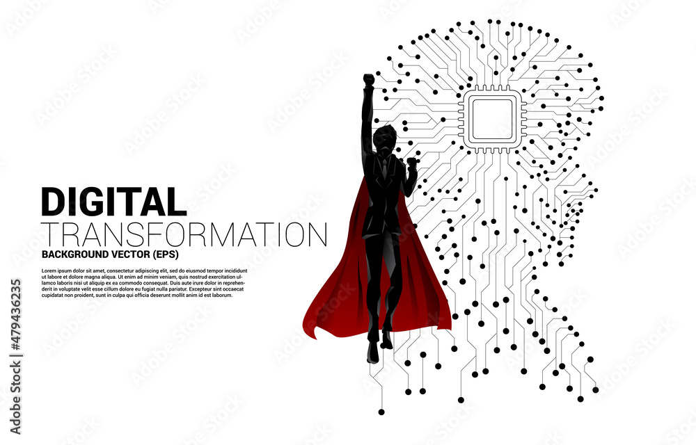 Poster silhouette of superhero flying with man head from dot connect line circuit board style with processor . Concept background human future and technology