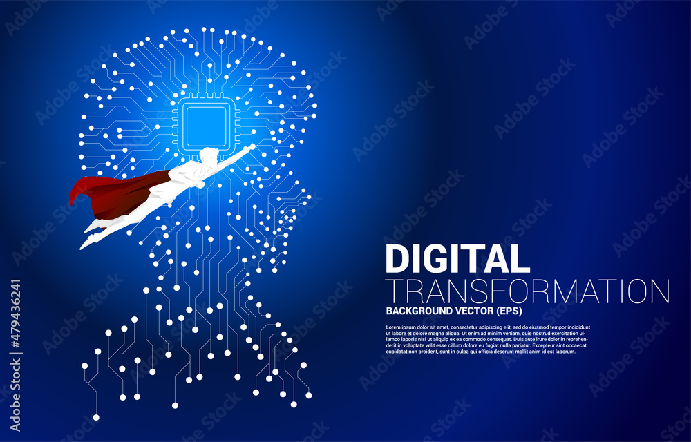 Poster silhouette of superhero flying with man head from dot connect line circuit board style with processo