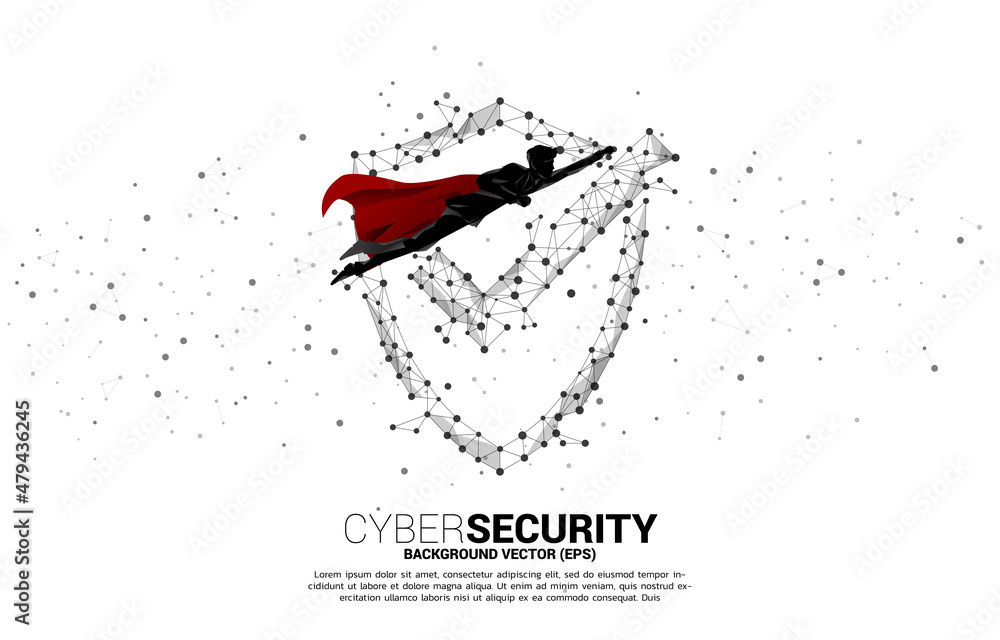 Poster silhouette of superhero fly with protection shield icon from dot connect line polygon network. conce
