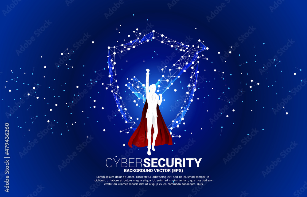 Poster silhouette of superhero fly with protection shield icon from dot connect line polygon network. conce