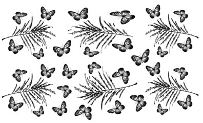 Pattern with butterflies on leaves in black and white on a white background. Suitable for curtains, wallpaper, fabrics, wrapping paper. 