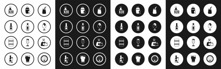 Set Cocktail, Beer bottle, Champagne, Whiskey and glass, Glass of beer, shaker, and Metal keg icon. Vector