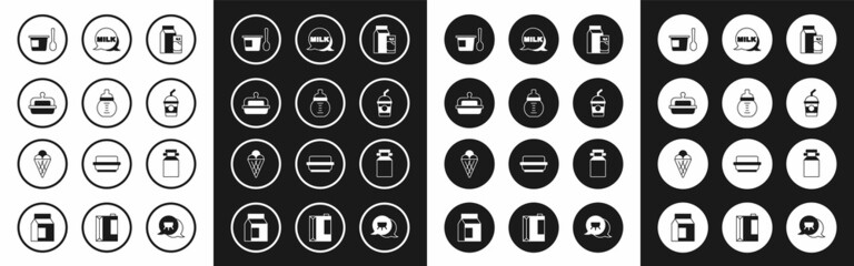 Set Paper package for kefir, Baby milk in bottle, Butter butter dish, Yogurt container with spoon, Milkshake, Lettering, Can and Ice cream waffle cone icon. Vector