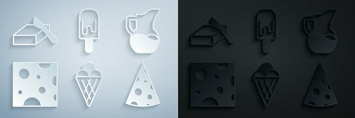 Set Ice cream in waffle cone, Milk jug or pitcher, Cheese, and Butter butter dish icon. Vector